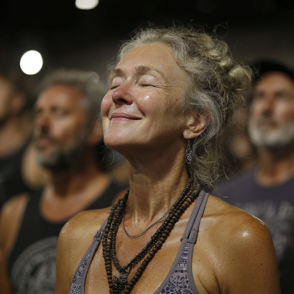 Mujer de 52 años disfrutando su primera clase de yoga gratuita, con expresión de alegría y descubrimiento