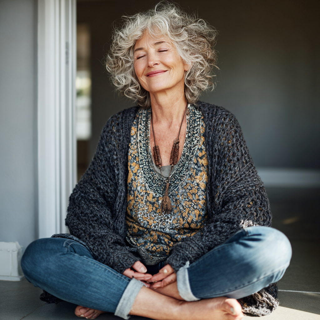 Mujer de 55 años practicando yoga en posición de loto, sonriendo serena en un espacio tranquilo con luz natural
