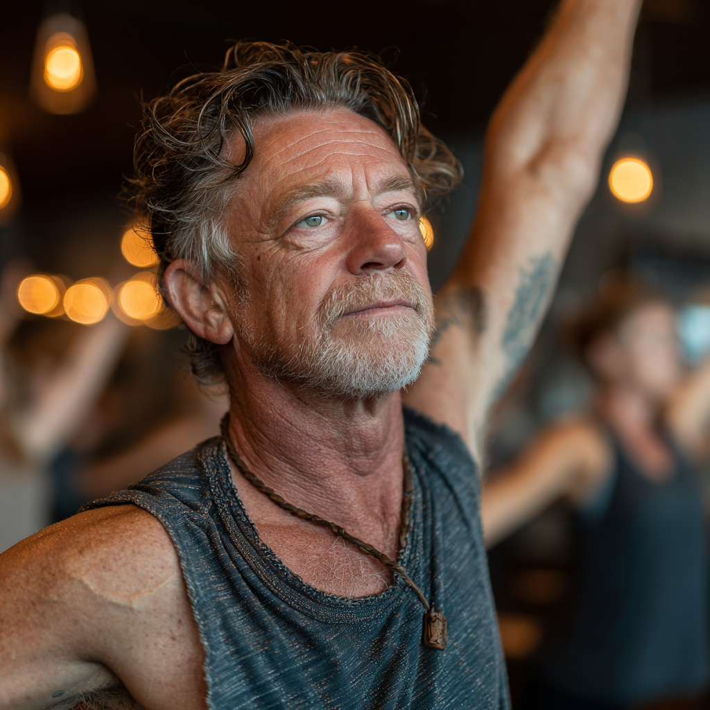 Hombre de 58 años en su primera clase de yoga, siguiendo las instrucciones del instructor con expresión concentrada y serena