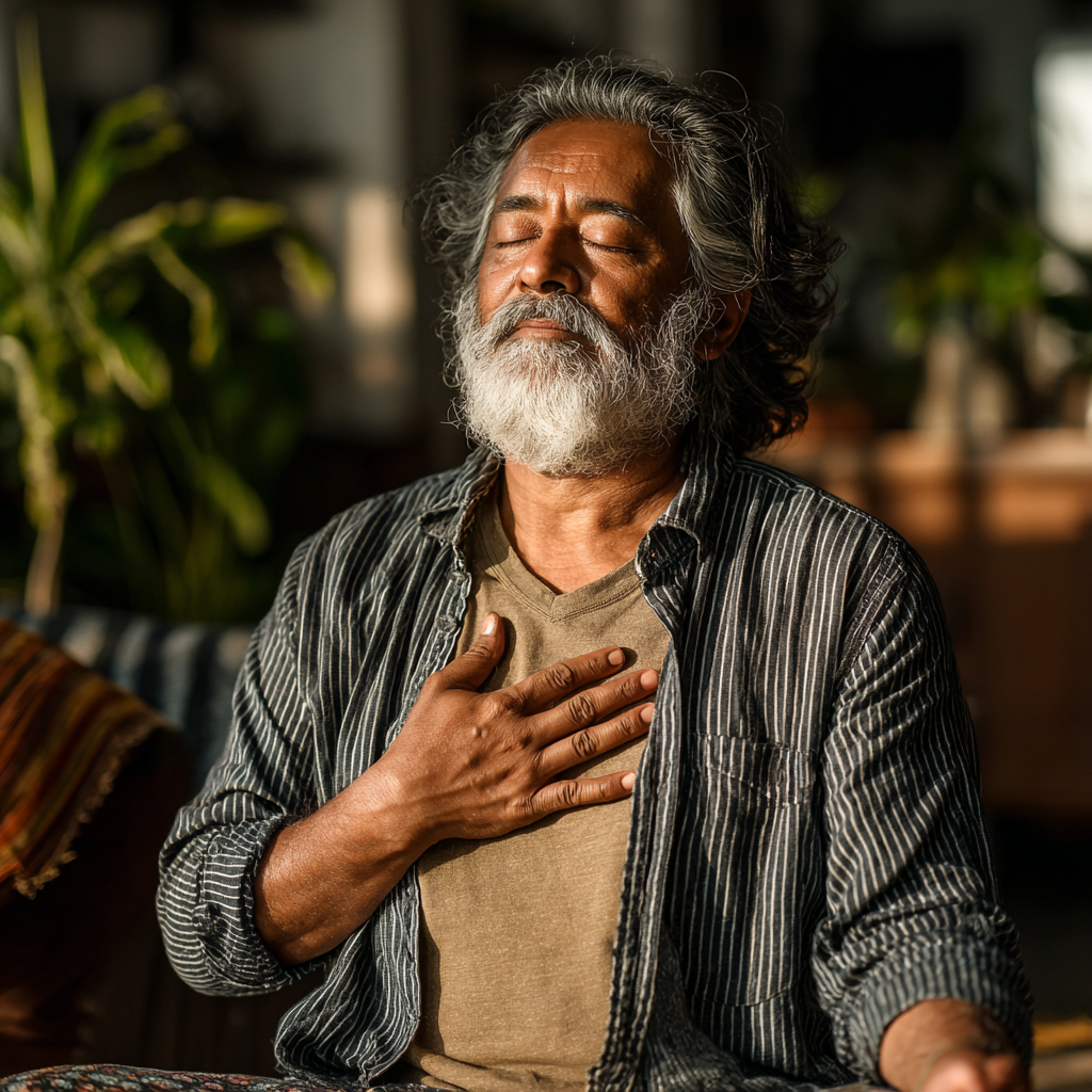 Hombre de 60 años practicando técnicas de respiración pranayama en posición sentada, con expresión serena y concentrada